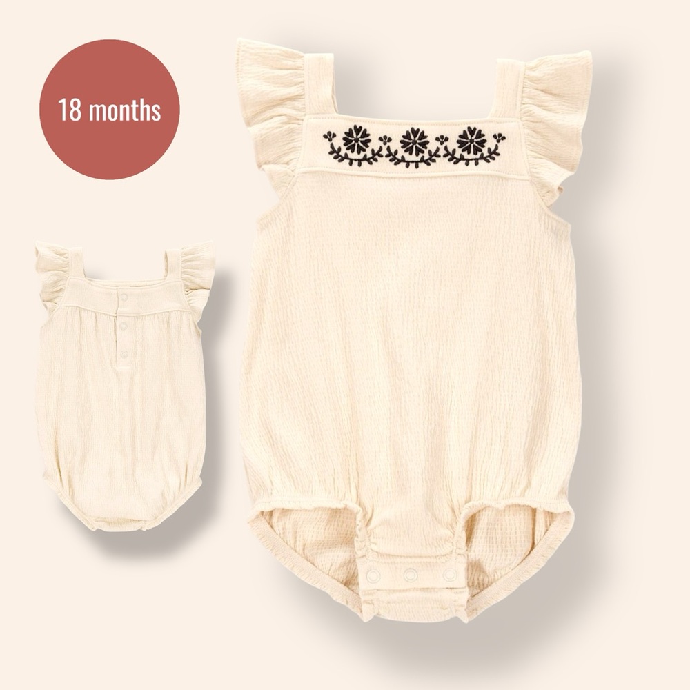 Baby Girl Cream Flutter Sleeve Embroidered Romper – Boho Style (18 Months)